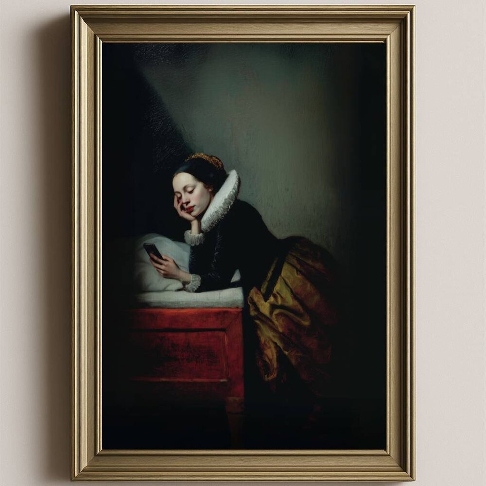 8.5x11 Renaissance Woman on Her Phone | Surreal Vintage-Style Art Print
